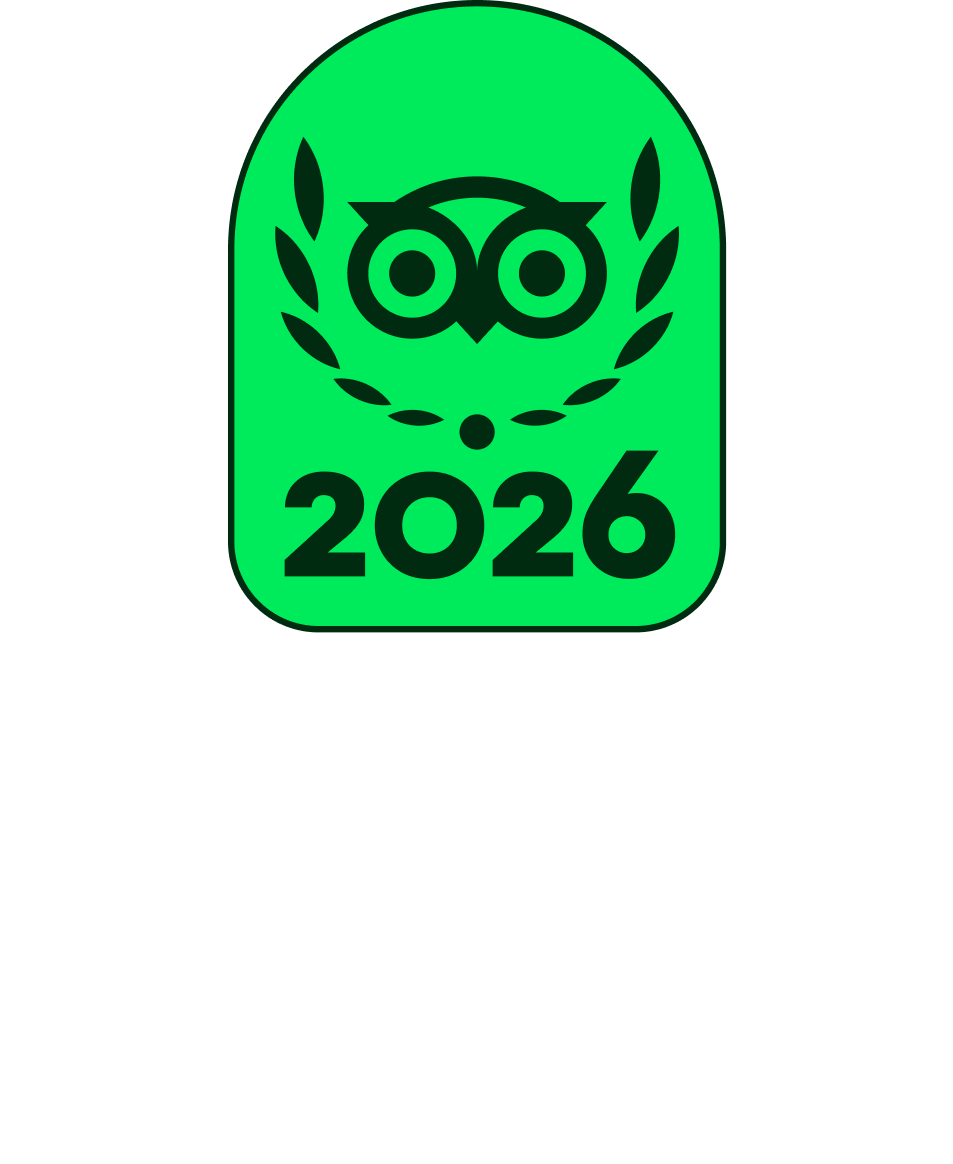 Stylized owl face with laurel wreath above '2026' on green background